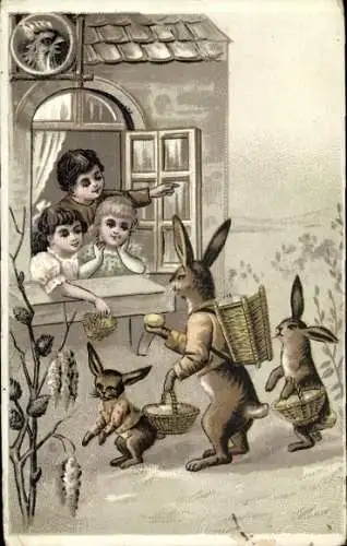 Ak Ostern, Osterhasen verschenken Eier, Kinder am Fenster