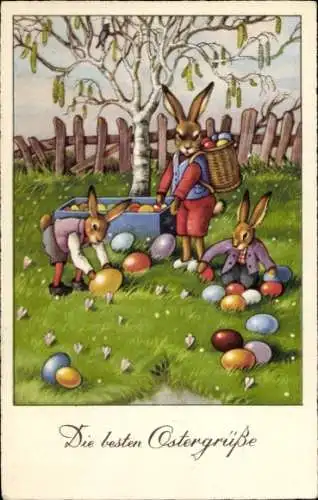 Ak Glückwunsch Ostern, Osterhasen sammeln Ostereier, Birke