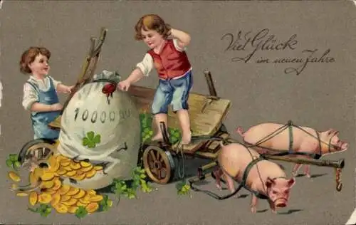 Präge Ak Glückwunsch Neujahr, Schweinekarren, Klee, Geldsack, Münzen