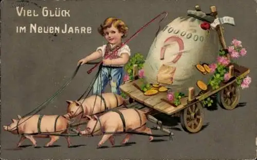 Präge Ak Glückwunsch Neujahr, Schweinekarren, Klee, Geldsack, Münzen