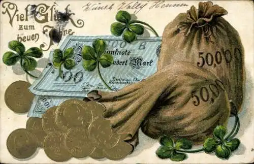 Präge Ak Glückwunsch Neujahr, Reichsbanknote, Geldsäcke, Münzen, Kleeblätter