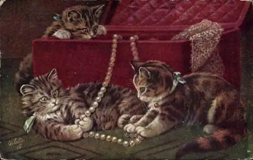 Ak Katzen spielen mit einer Perlenkette