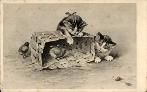 Ak Zwei Katzen, Küken im Korb