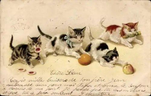 Litho Vier Katzen mit Plätzchen und Apfel