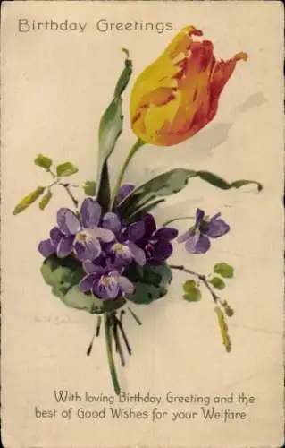 Künstler Litho Klein, Catharina, Tulpe, Veilchen, Glückwunsch zum Geburtstag