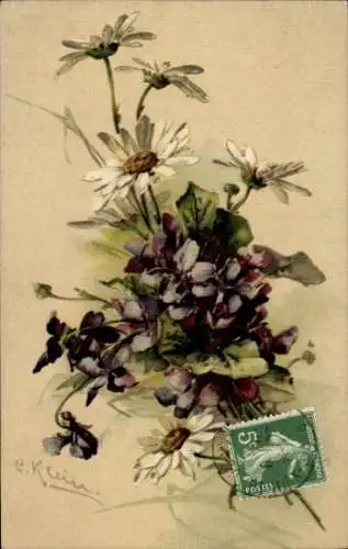 Künstler Ak Klein, Catharina, Blumenstrauß, Veilchen, Margeriten