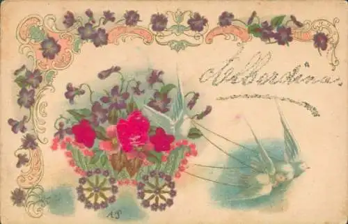 Präge Stoff Litho Blumen, Karren, Tauben, Kitsch