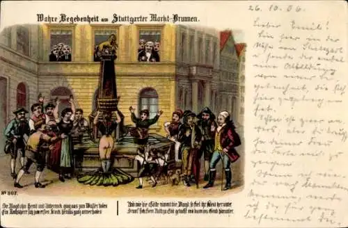 Litho Stuttgart in Württemberg, Marktbrunnen, Magd ohne Unterrock, Ratsherr, wahre Begebenheit