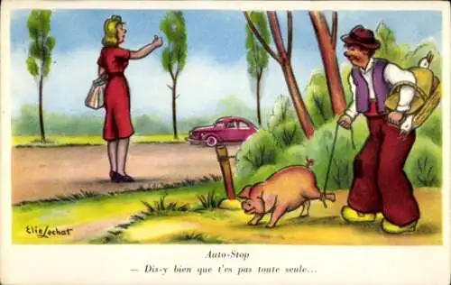 Künstler: Ak Lechat, Elie, Auto Stop, Anhalterin, Mann mit Schwein