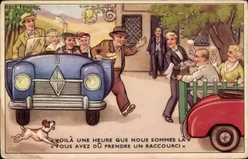 Künstler Ak Gasthausszene, Autos, Kellner