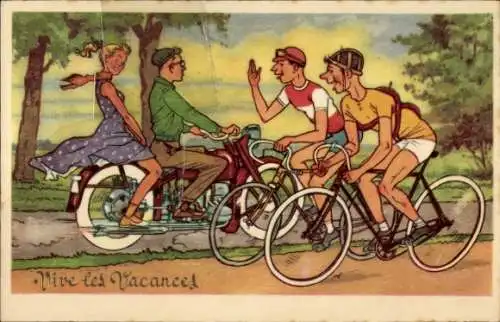 Ak Radfahrer, Paar auf einem Motorrad