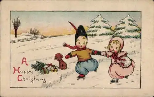 Ak Glückwunsch Weihnachten, Kinder auf Schlittschuhen, Geschenke, Hund