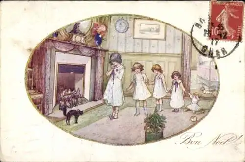 Künstler Ak Glückwunsch Weihnachten, Kinder vor dem Kamin, schwarze Katze