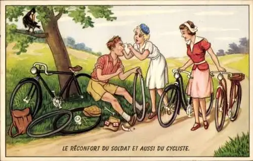 Ak Mann flickt Reifen von einem Fahrrad, Frau wischt ihm den Schweiß ab