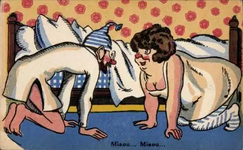 Ak Paar in Nachthemden auf allen Vieren