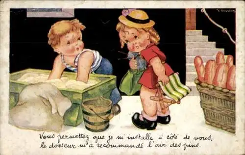 Künstler Ak Gougeon, C'est pour vous, Bäcker knetet den Teig, Mädchen bringt ihm Hocker