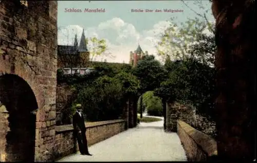 Ak Mansfeld im Harzvorland, Schloss, Brücke über den Wallgraben