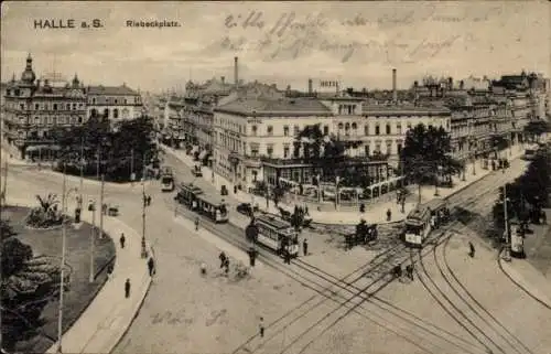 Ak Halle an der Saale, Blick auf den Riebeckplatz, Straßenbahnen, Hotel