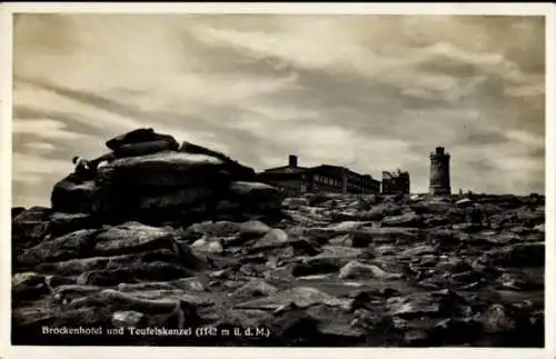 Ak Brocken Nationalpark Harz, Brockenturm, Brockenhotel, Teufelskanzel