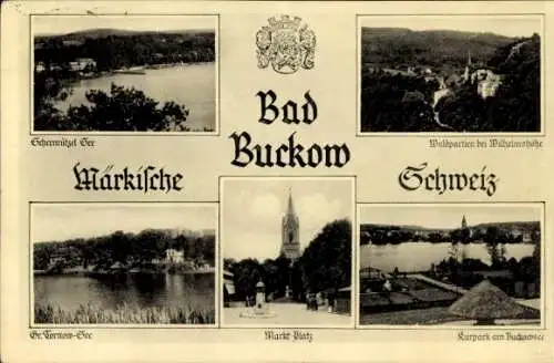 Ak Buckow in der Märkischen Schweiz, Wappen, Marktplatz, Kirche, Kurpark am Buckowsee