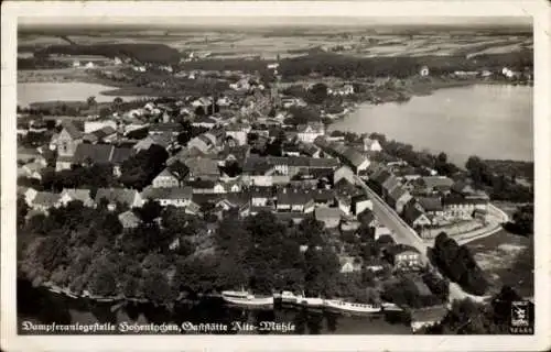 Ak Hohenlychen Lychen Uckermark, Fliegeraufnahme, Dampferanlegestelle, Gaststätte Alte Mühle