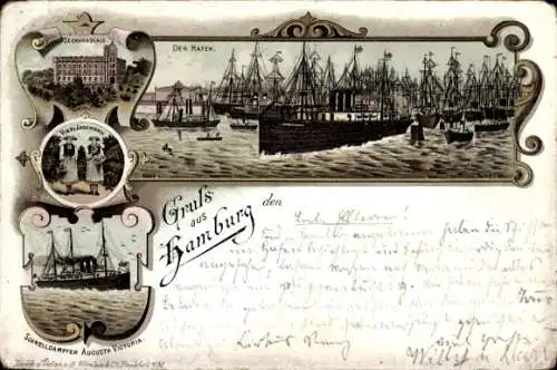 Litho Hamburg, Vierländerin, Seemannshaus, Hafen, Dampfer Augusta Victoria