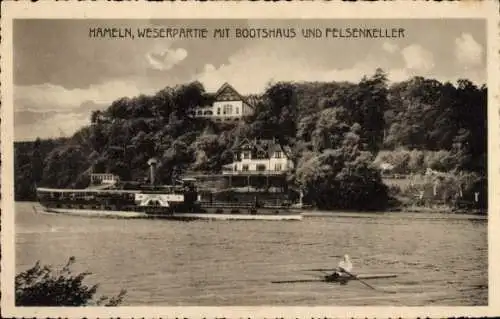 Ak Hameln an der Weser Niedersachsen, Bootshaus, Felsenkeller, Dampfer, Ruderboot
