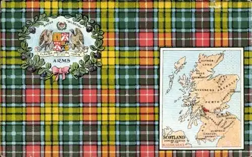 Wappen Landkarten Ak Schottland mit Standorten der Buchanans, Tartan