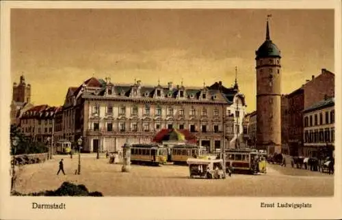 Ak Darmstadt in Hessen, Ernst Ludwigsplatz, Turm, Straßenbahnen