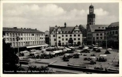 Ak Darmstadt in Hessen, Marktplatz, Rathaus, Stadtkirche
