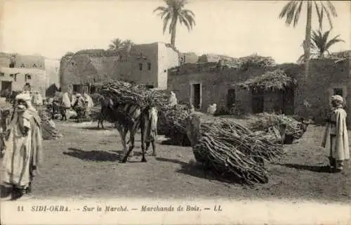 Ak Sidi Okba Algerien, Markt, Holzhändler