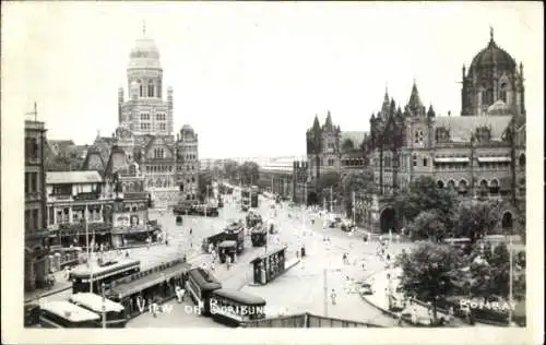 Foto Ak Bombay Indien, Blick auf Boribunder, Straßenbahnen, Tempel