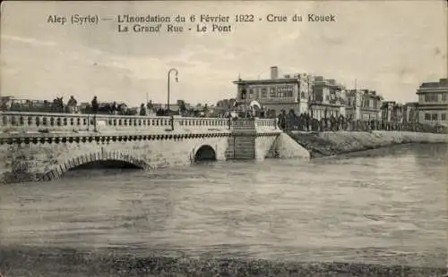 Ak Aleppo Syrien, Überschwemmung 6. Februar 1922, Hauptstraße, Brücke