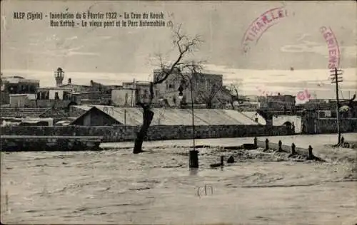 Ak Aleppo Syrien, Überschwemmung 6. Februar 1922, Überschwemmung von Kouek, Rue Kettab, Brücke