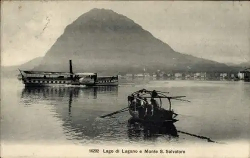 Ak Lugano Kt. Tessin Schweiz, Lago, Monte S. Salvatore, Dampfer Milano