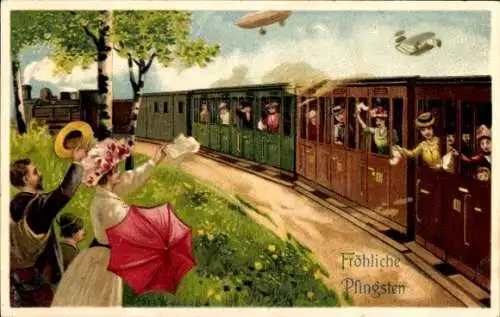 Ak Glückwunsch Pfingsten, Reisende in einem Zug, Zeppelin