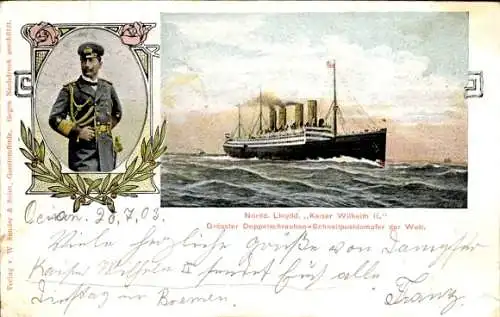 Ak Dampfschiff Kaiser Wilhelm II, Norddeutscher Lloyd Bremen, Portrait Wilhelm II