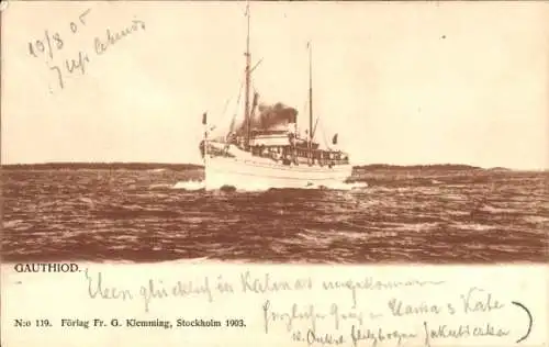 Ak Dampfschiff Gauthiod auf dem Meer, Rederi Ab Svea