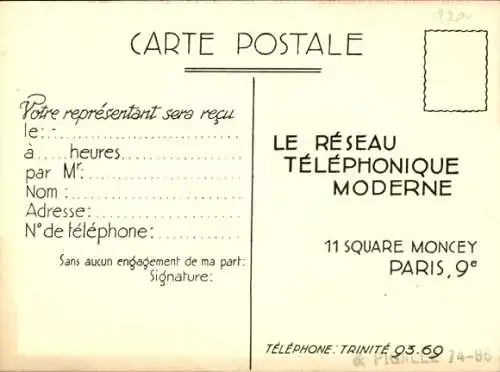 Ak Paris IX., Le Reseau Telephonique Moderne, Square Moncey