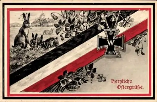 Ak Glückwunsch Ostern, Patriotik Kaiserreich, Eisernes Kreuz, Hasen