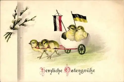 Ak Glückwunsch Ostern, Küken, Ostereierschale, Kutsche, Weidenkätzchen