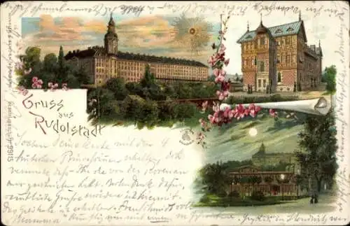 Litho Rudolstadt in Thüringen, Schloss, Rudolsbad, Anger, Sonne
