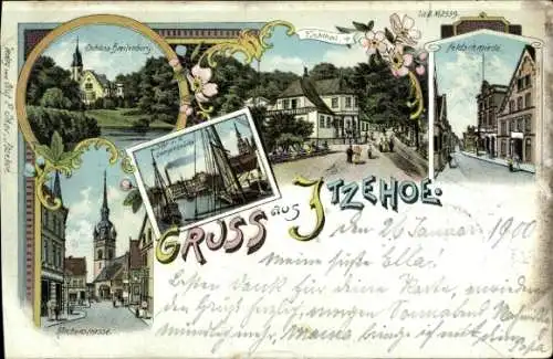 Litho Itzehoe in Schleswig Holstein, Feldschmiede, Schloss Breitenburg, Eichtal, Stör, Kirchenstraße