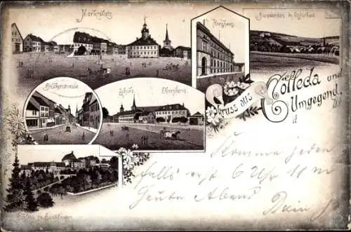 Litho Cölleda Kölleda in Thüringen, Marktplatz, Brückenstraße, Schule, Schloss