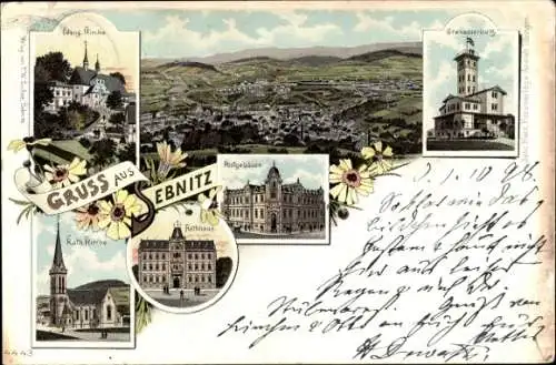 Litho Sebnitz in Sachsen, Kirche, Postgebäude, Rathaus, Grenadierburg, Panorama vom Ort