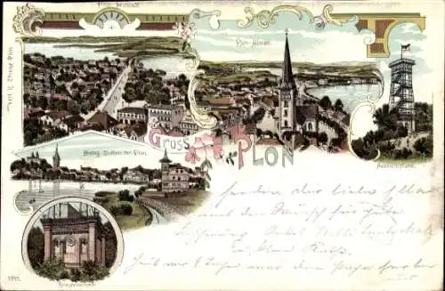 Litho Plön am See Holstein, Gesamtansicht, Neustadt, Kriegerdenkmal, Aussichtsturm