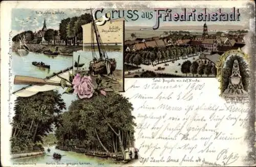 Litho Friedrichstadt an der Eider Nordfriesland, Gesamtansicht, Kirche, Schule, Kriegerdenkmal