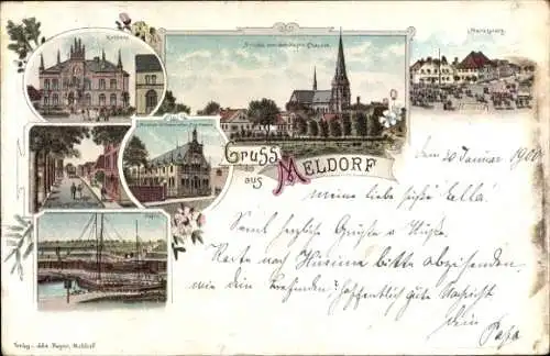 Litho Meldorf in Holstein, Rathaus, Marktplatz, Museum, Hafen, Kirche