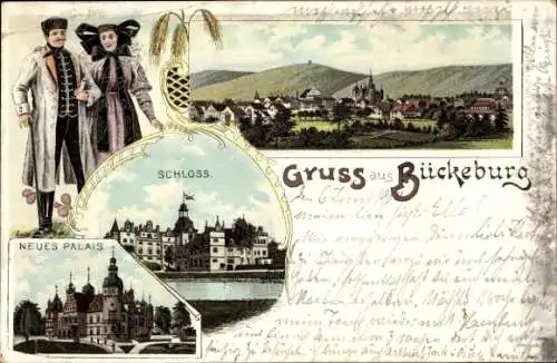 Litho Bückeburg im Kreis Schaumburg, Neues Palais, Schloss, Gesamtansicht, Paar in Tracht