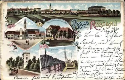 Litho Roßlau an der Elbe Anhalt, Panorama, Marktplatz, Elbzollhaus, Schloss, Elbbrücke